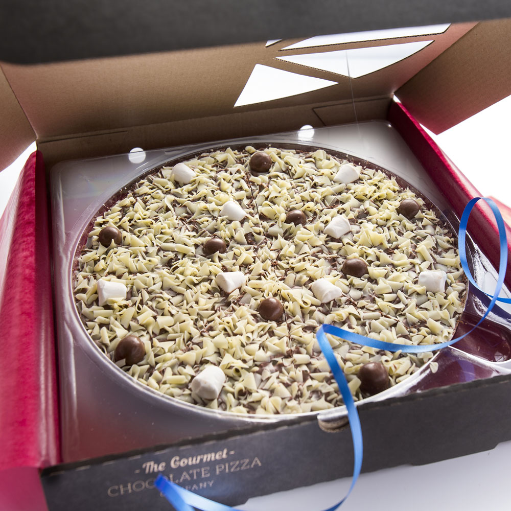 Honeycomb & Marshmallow Chocolate Pizza presented in a stylish black pizza box